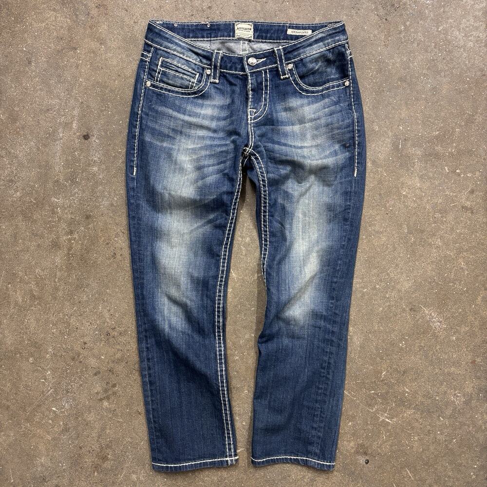 Anoname Y2K Bootcut Jeans Size 27 Capris Heavy Stitch Rhinestone Metal Denim